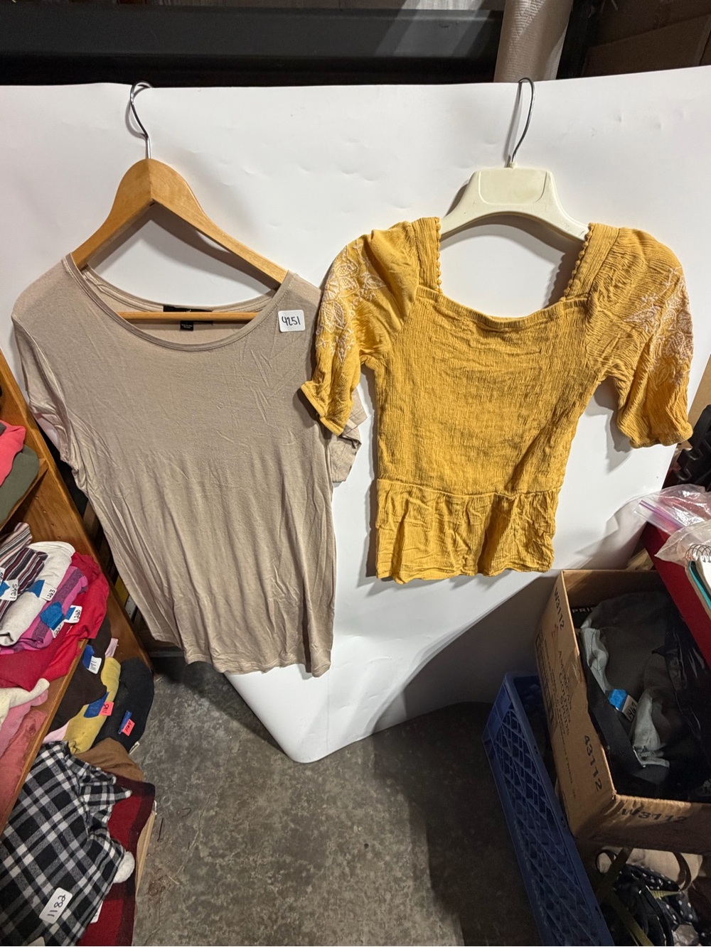 #4251-GNW Tan Blouse and Art Class Yellow Ruffled Top.